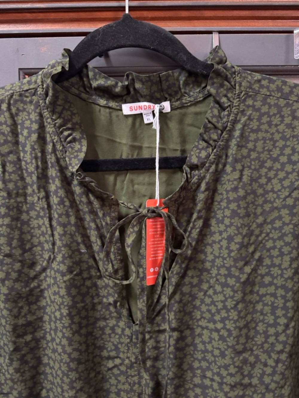 NWT Sundry Olive Green Floral Ruffle Tie-Neck dress - Picture 10 of 11